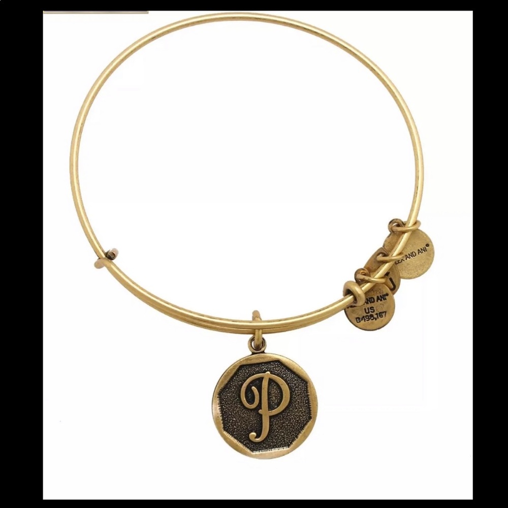 Alex And Ani Initial P Charm Rafaelian Gold Finish Bangle Bracelet